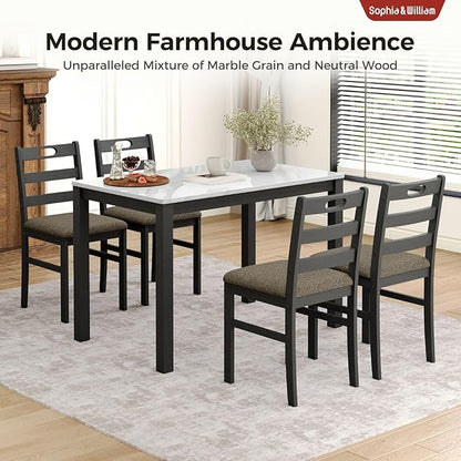 Sophia & William 5 Piece Dining Table Set for 4, Faux Marble Kitchen Table and Chairs Set, Solid Wood Farmhouse Dinner Table Set,Venatino White Marble & Black