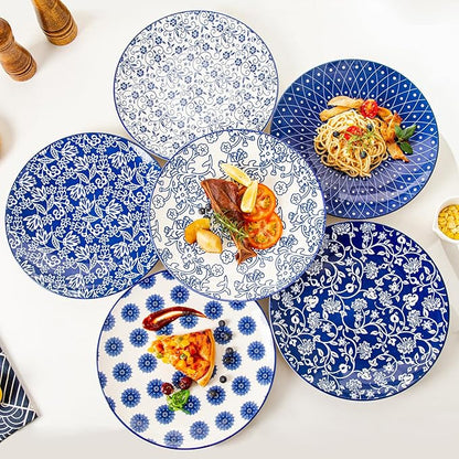 Ceramic Dinner Plates Set - 10.5 Inch Large Kitchen Porcelain Salad Serving Plate for Pasta Steak Pizza Pancakes - Scratch Resistant Dishwasher Oven Microwave Safe - Set of 6 - Vintage Blue