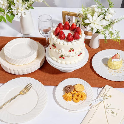 U-QE 100 Count 6 Inch Ivory Plastic Plates - Scalloped Dessert Plates Disposable - Premium Fancy Disposable Heavy Duty Party Supplies for Valentine's Day, Celebrations, Weddings and Events