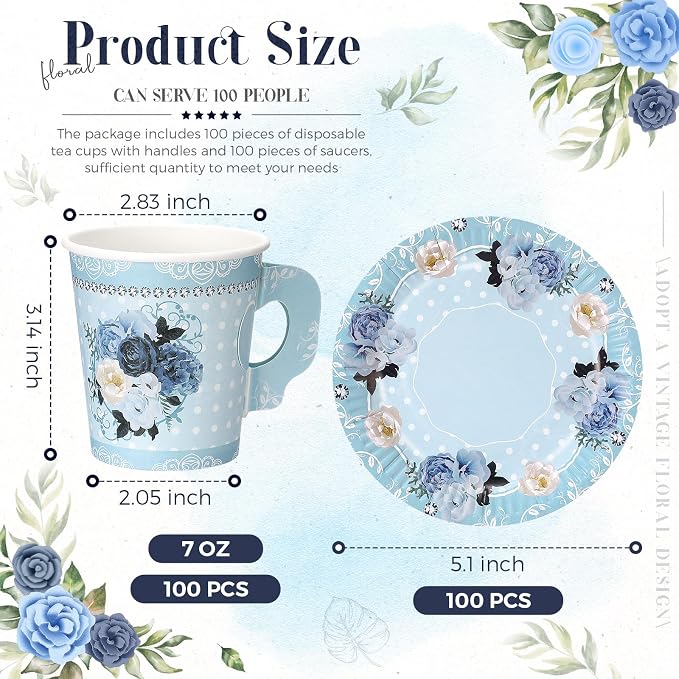 Nuogo 200 Pcs Floral Paper Tea Cups and Saucers 7 oz Disposable Paper Teacups - Image 2