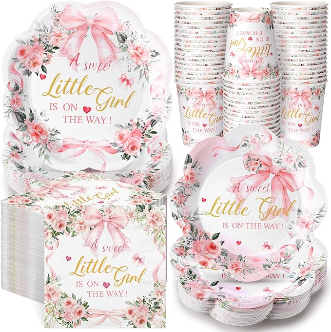 250 Pcs a Sweet Little Girl Is on The Way Baby Shower Plates Napkins | Pink Bow by Newtay