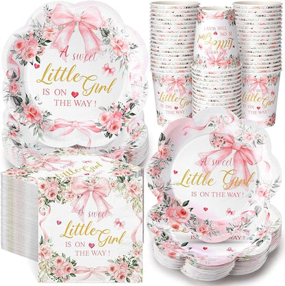 250 Pcs a Sweet Little Girl Is on The Way Baby Shower Plates Napkins | Pink Bow by Newtay