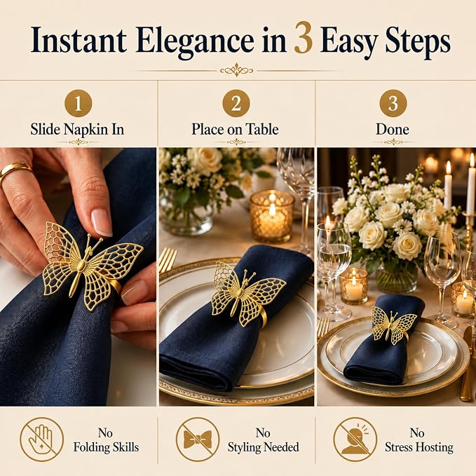 Gold Napkin Rings Set of 12 – Butterfly Design – Decorative Napkin Rings Gold - Image 5