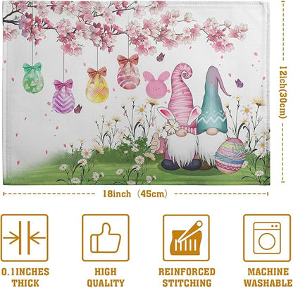 Easter Gnomes Bunny Placemats Set of 4 Easter Eggs Flowers Place Mat 12x18 Inch Seasonal Spring Farmhouse Washable Linen Table Mats for Party Kitchen Dining Outdoor Indoor Decor