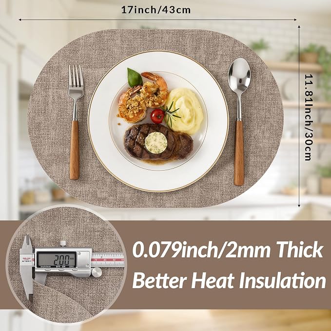 Placemats Set of 6, 11.8 x 17 Inch, Light Brown | Heat Resistant Oval Faux - Image 3