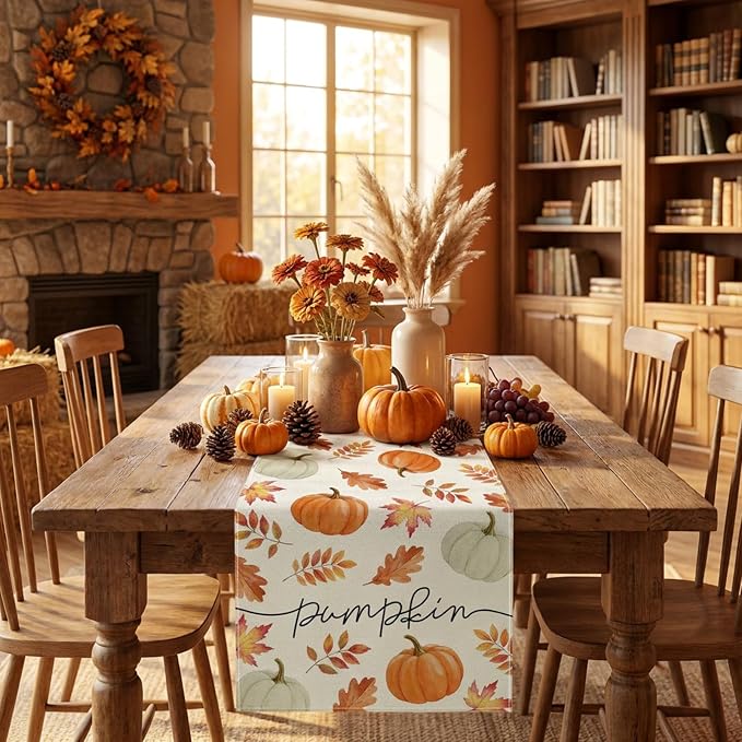 Fall Table Runner Decorations, Pumpkin Maple Leaf Thanksgiving Harvest Decor | - Image 3