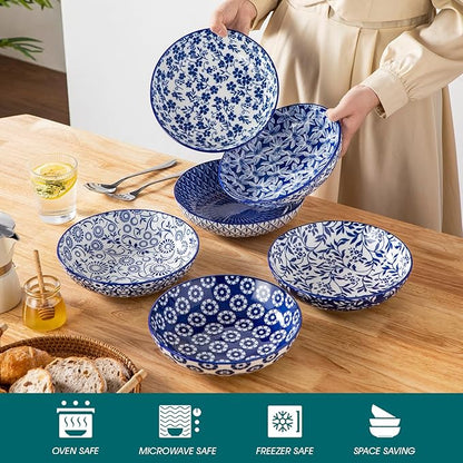 vancasso Selene 8.5" Pasta Bowls Set of 6, 40 oz Porcelain Shallow Salad Bowls, Serving Bowls Large Kitchen Bowl Plates Pasta Plates, Blue & White Floral Design, Microwave Safe