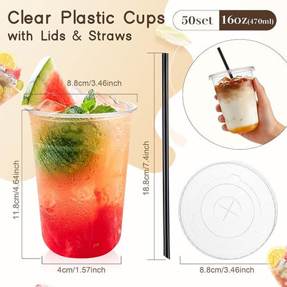 tchrules 50 Set 16oz Clear Round Bottom Plastic Cups - Image 2