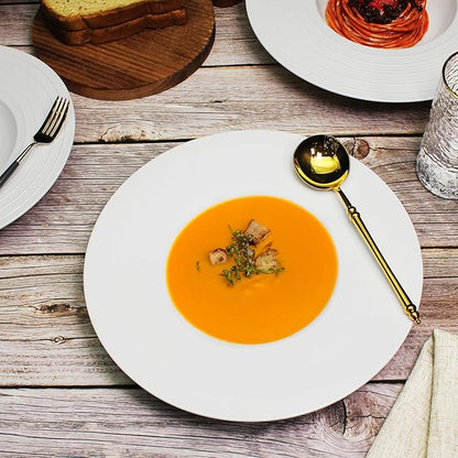 Ceramic Wide Rimmed Soup Plate, Soup Bowl 8 oz, Pasta Bowl Set of 4, White Shallow Bowl Plate with Rim, Best choice for high-end restaurants, hotels, and foodies, 9.6 Inch