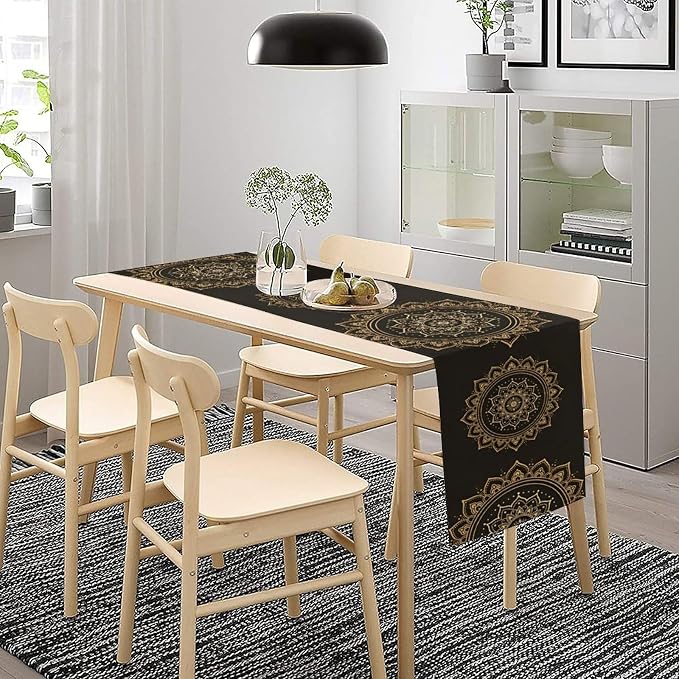 Golden Mandala Table Runner, Traditional Indian Gold Black Flower Vintage - Image 3