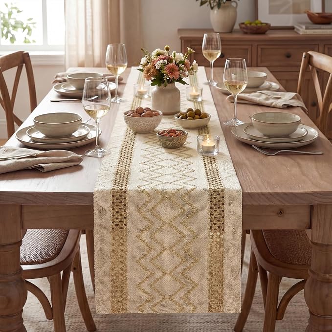 Artoid Mode Burlap Brown Stripe Diamond Woven Table Runner 12x108 Inch | - Image 2