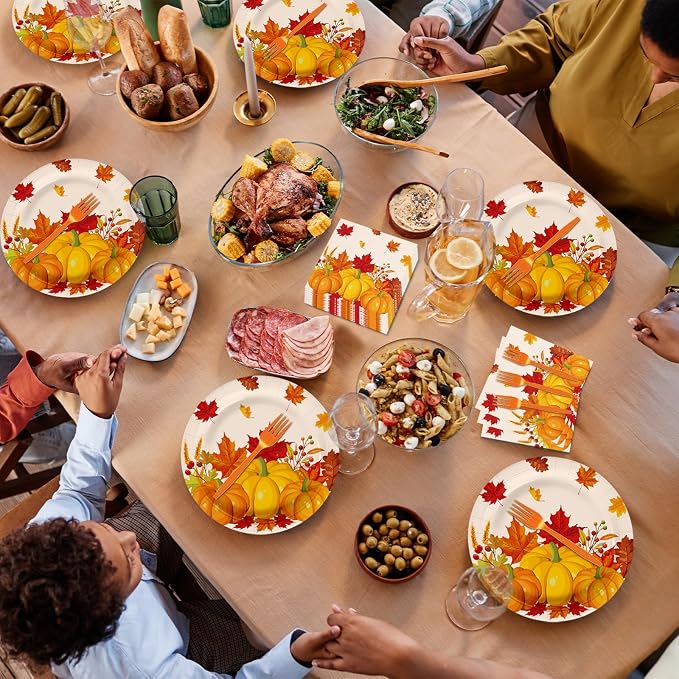 100 Pcs Fall Pumpkin Maple Tableware Party Supplies Set, Serves 25 – Disposable - Image 4