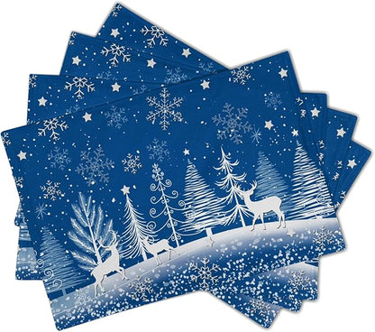 Xmas Placemats Set of 4 - Winter Navy Blue Place Mats 12x18 Table Mats White Forest Snowflake Reindeer Kitchen Mats for Party Dining Table