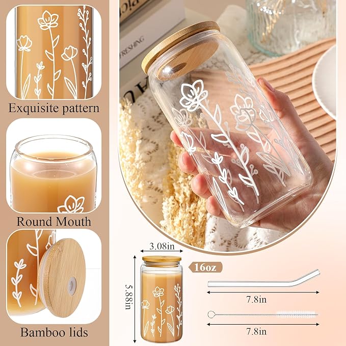 Mumufy 1 Pack Glass Cups Gift Aesthetic Cute Glass Cup Tumbler Flower Iced - Image 2