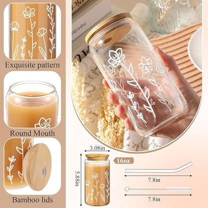 Mumufy 1 Pack Glass Cups Gift Aesthetic Cute Glass Cup Tumbler Flower Iced - Image 2