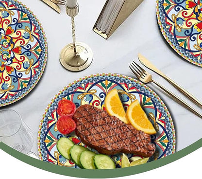 ZULYSTO 100PCS Boho Paper Plates (50×7 Inch & 50×9 Inch)–Vintage Bohemian Style Disposable Plates, Dessert Party Dinner Plates, Dinnerware Plate Set for Birthday Gatherings