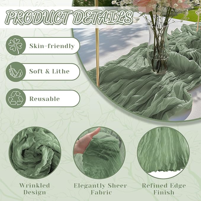 2 Pack Cheesecloth Table Runner, 120 Inch Sage Green Table Runner - Image 3
