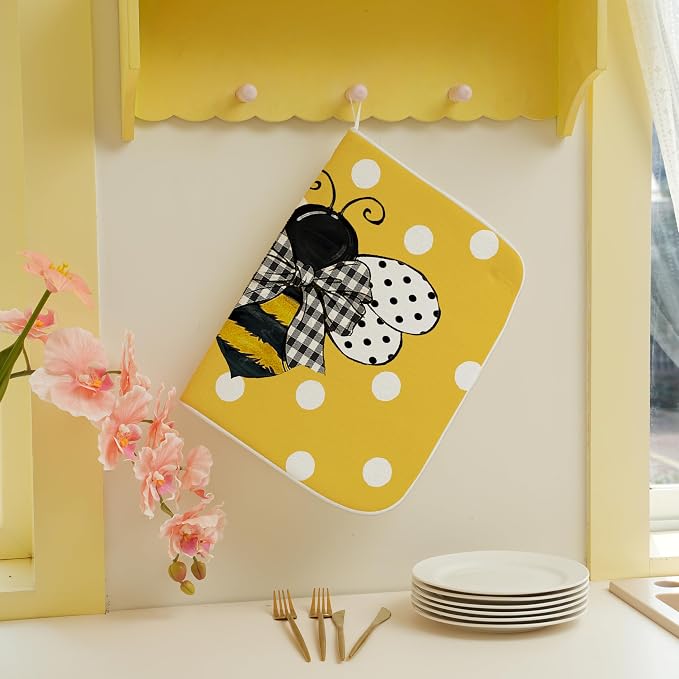 Yellow Bee Dish Drying Mat for Kitchen Counter 18x24 Inch Polka Dots Dish - Image 3