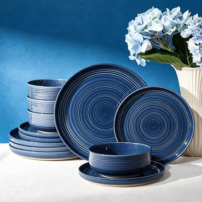 Dinnerware Set for 4, Ceramic Plates & Bowls, Abyssal Blue | 12-Piece Ceramic by FamiwarePremium