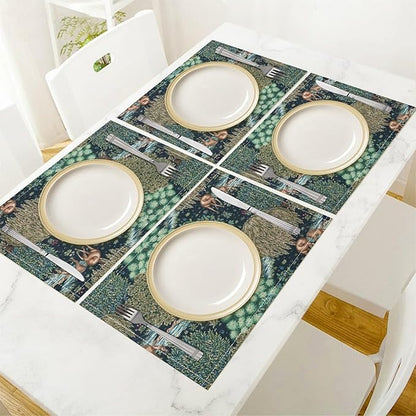 William Morris Floral Print Placemats,Strawberry Thief Print Plate Mats Set of 6,Watercolor Vintage Flower Table Placemats for Home Kitchen Holiday Decoration, 6 PCS