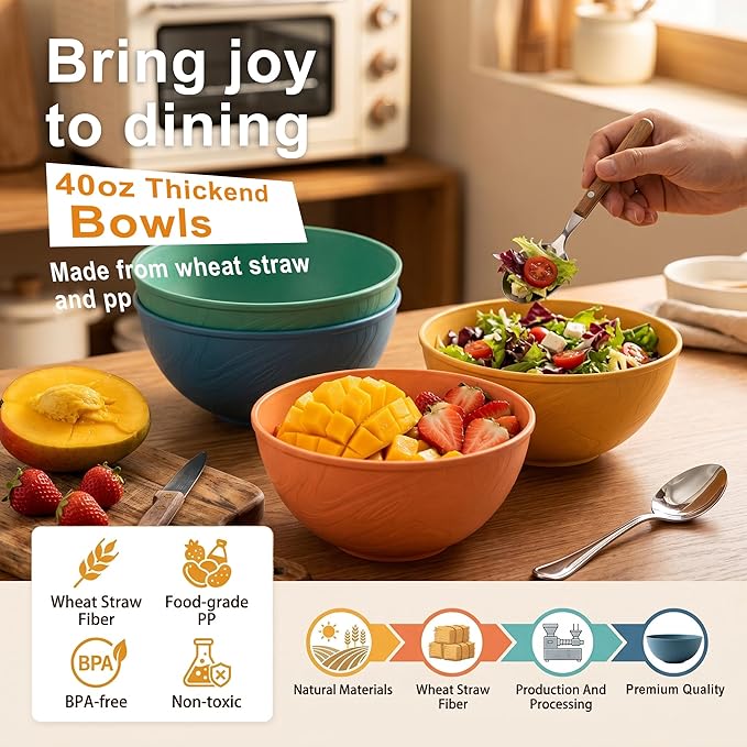 40OZ Wheat Straw Bowls Sets of 8, Unbreakable & Thick Ramen Bowl, Microwave & - Image 3