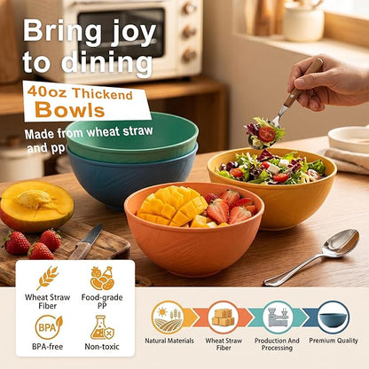 40OZ Wheat Straw Bowls Sets of 8, Unbreakable & Thick Ramen Bowl, Microwave & - Image 3