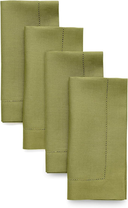 Solino Home Linen Napkins Set of 4 - Classic Hemstitch 100% Pure Linen Avocado Green Dinner Napkins Cloth 20 x 20 Inch for Winter, Spring, Easter, St Patricks Day - Handcrafted and Machine Washable