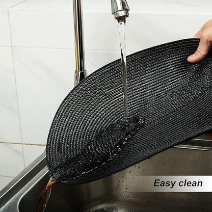 FunWheat Oval Braided Placemats Set of 4 Table Mats for Dining Tables Washable Heat Resistant Place Mats for Indoor Outdoor Use 12 x18 Inch(Oval Black, 4pcs)