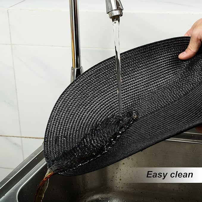 FunWheat Oval Braided Placemats Set of 8 Table Mats for Dining Tables Washable Heat Resistant Place Mats for Indoor Outdoor Use 12 x18 Inch(Oval Black, 8pcs)