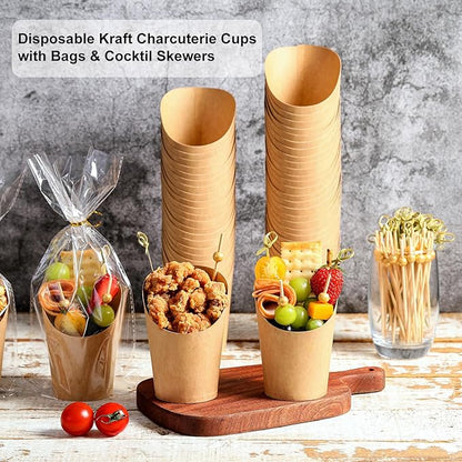 Disposable Charcuterie Cups 120 PCS with 200PCS Sticks and 120PCS Bags, 14 oz Kraft Paper Snack Boxes Appetizers Cup French Fry Holder with Cocktail Skewers Toothpicks Tooth Picks, Brown
