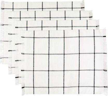 Sticky Toffee Woven Cotton Placemats Set of 4, Cream Farmhouse Plaid, 14 x 19 in, Washable Table Mats for Kitchen or Dining Table
