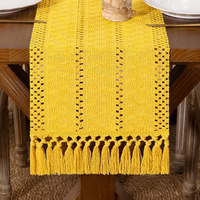 DeZerlor Yellow Boho Macrame Farmhouse Woven Table Runner 72Inch | Cotton Linen by DeZerlor