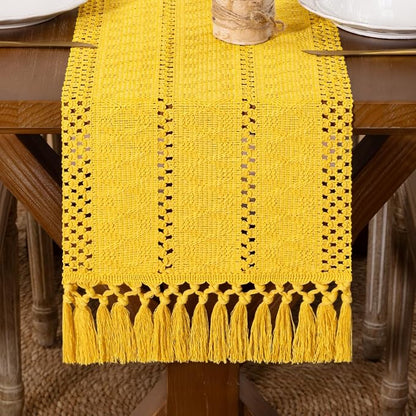 DeZerlor Yellow Boho Macrame Farmhouse Woven Table Runner 48Inch | Cotton Linen by DeZerlor