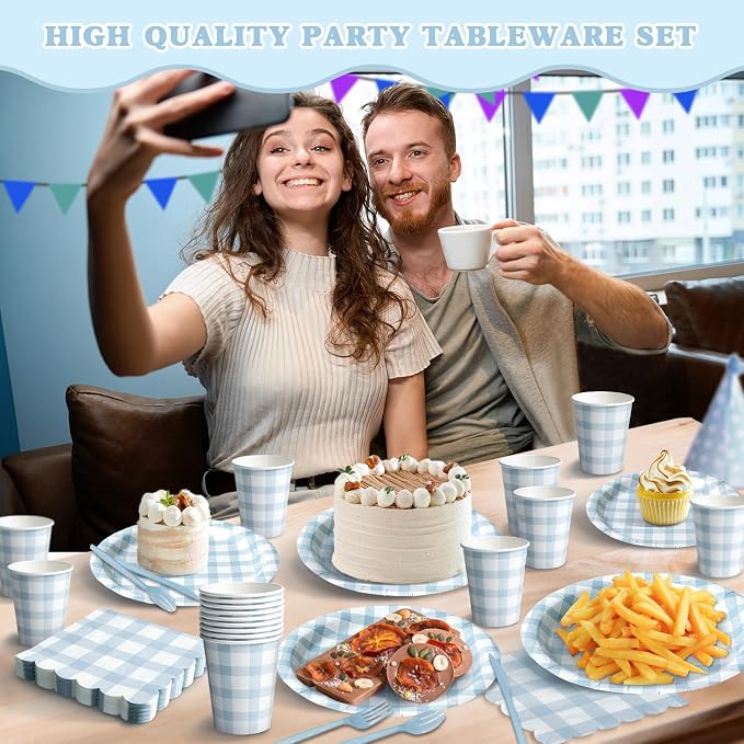 Vyntra 350 Pcs Blue Gingham Paper Plates and Napkins Set - Image 2