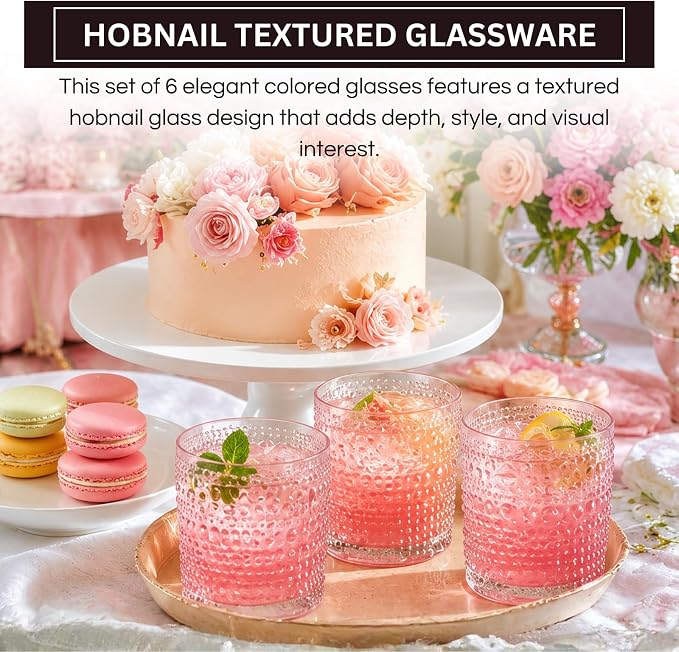 Khen Hobnail Beaded Highball Drinking Tumbler Glasses | Set of 6 | Pastel Pink - Image 3