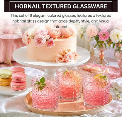 Khen Hobnail Beaded Highball Drinking Tumbler Glasses | Set of 6 | Pastel Pink - Image 3
