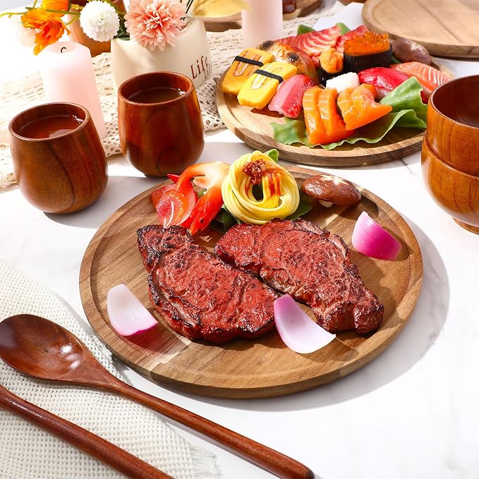 20 Pcs Acacia Wood Dinnerware Set 10 Inch Round Wooden Plates Bowls Tea Cups - Image 4