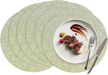 15 inch Faux Leather Round Placemats Set of 6 Non-Slip Washable Wipeable Table Mats, Heat Resistant Waterproof Oilproof Sage Green Place Mats for Kitchen, Dining, Party, Indoor, Outdoor