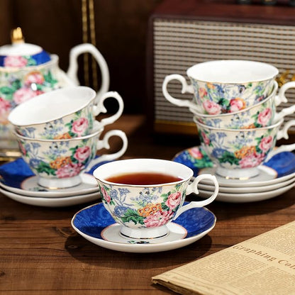 fanquare 21-Piece Blue Lace Porcelain Tea Set, China Coffee Cup and Saucer Set - Image 2