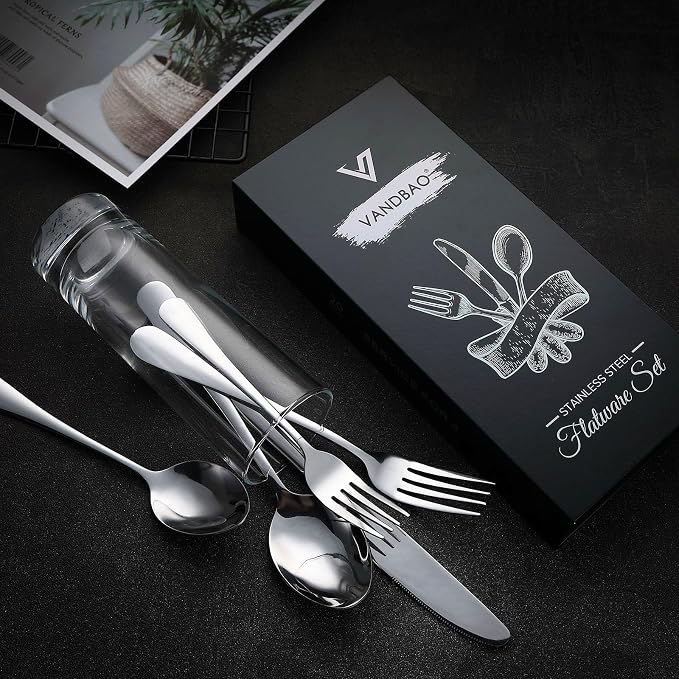 VANDBAO Silver Flatware Cutlery Silverware Set 20 Pieces, Stainless Steel - Image 2