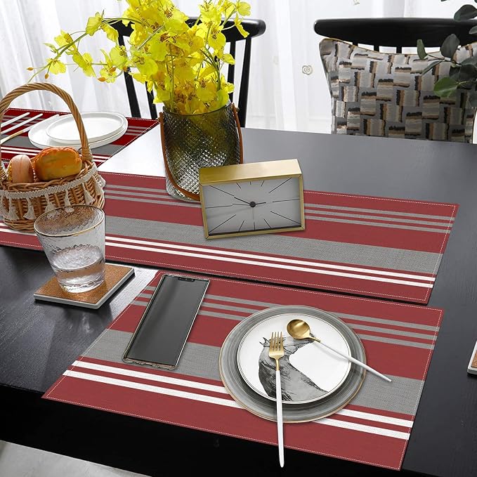 Table Runner and Placemats Set of 6, Abstract Vintage | Stripes Burgundy - Image 6