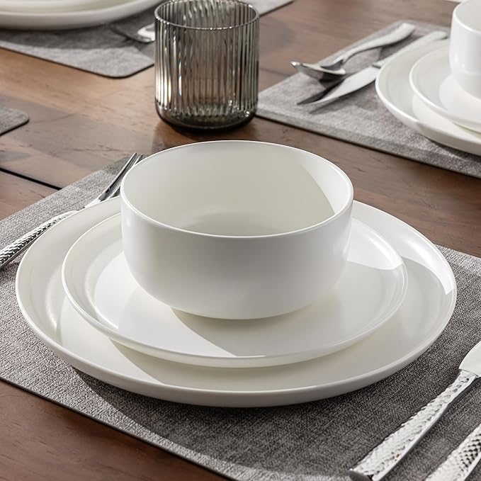 LERATIO Stoneware Dinnerware Sets for 6,Handcarft Ceramic Plates and Bowls Sets,Chip and Scratch Resistant Dishes, Dishwasher & Microwave Safe, Oven safe,Reactive Glaze-White