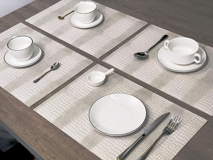 Waterproof PU Placemats, Faux Leather Hardboard Place Mats, Set of 4 Table Mats, Easy to Clean, Heat & Stain Resistant for Office Conference Table, Dining Home Decor, White