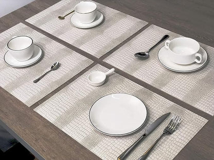Waterproof PU Placemats, Faux Leather Hardboard Place Mats, Set of 4 Table Mats, Easy to Clean, Heat & Stain Resistant for Office Conference Table, Dining Home Decor, White