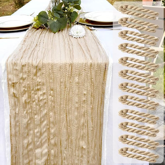 12 Pack Beige Cheesecloth Table Runner 22x120 Inch-Naturally Dyed Colors Sheer Gauze Cheese Cloth Wedding Brown Table Runner,Rustic Boho Crinkle Fabric, Reception, Bridal Shower,Farmhouse Dining Decor