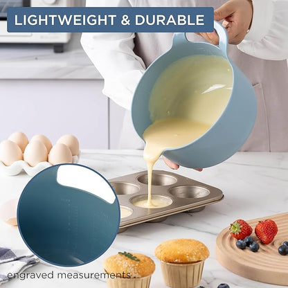 COOK WITH COLOR Nesting Plastic Mixing Bowl Set with Pour Spouts and Handles, Ombre Blue, 4 Piece Non-Slip