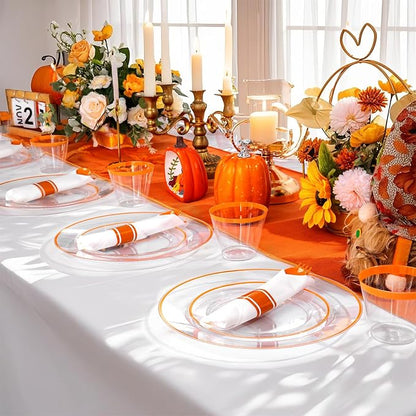 SUT 175Pcs Orange and Clear Plastic Dinnerware Set - Image 6