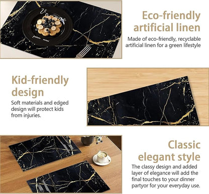 Table Placemats Set of 6 Abstract Black Marble Texture Place Mats Washable Kitchen Dining Linen Table Mats Stain Heat, for Home Party Indoor 12x18 in