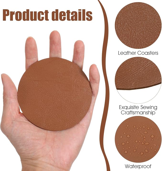 60 Pcs PU Leather Coasters, 4 Inch Round Leather Coasters 10 mm Thickness Brown - Image 3