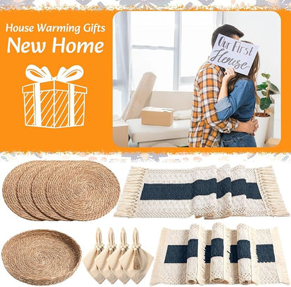 4 Sets Boho Decoration Placemats Round Woven Placemats, Cloth Napkins, Wood - Image 7
